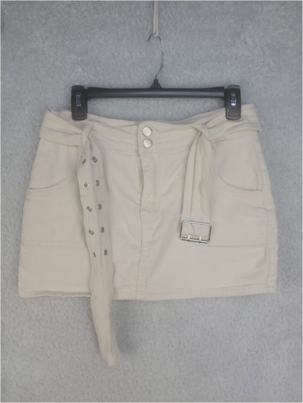 Denim Skirt Women's Size Large L Ecru Beige Mini Stretch Casual Pockets